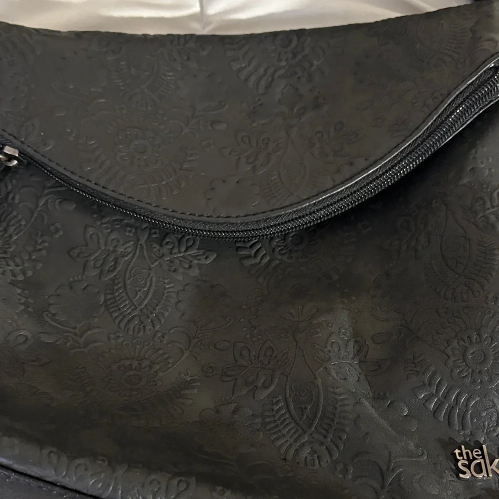 The Sak Black Hobo Floral Embossed Leather Crossbody Purse - Picture 3 of 10